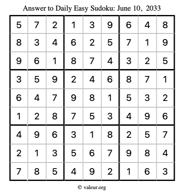 Answer to easy sudoku June 10, 2033