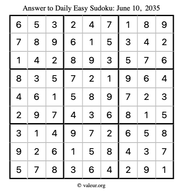 Answer to easy sudoku June 10, 2035