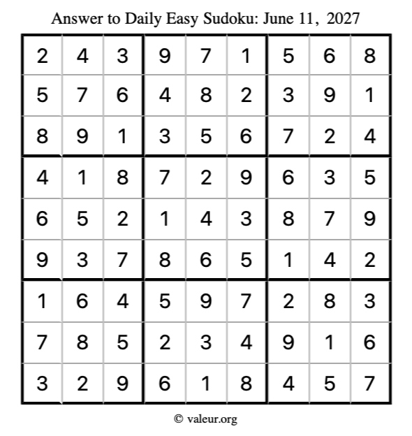 Answer to easy sudoku June 11, 2027