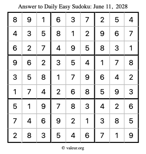 Answer to easy sudoku June 11, 2028