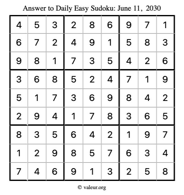 Answer to easy sudoku June 11, 2030