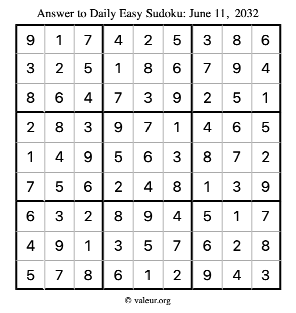 Answer to easy sudoku June 11, 2032