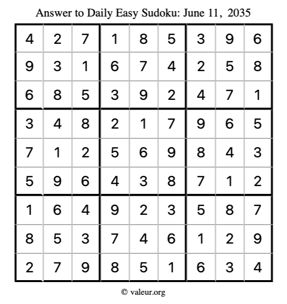 Answer to easy sudoku June 11, 2035