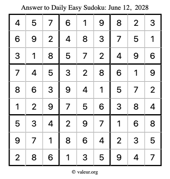 Answer to easy sudoku June 12, 2028