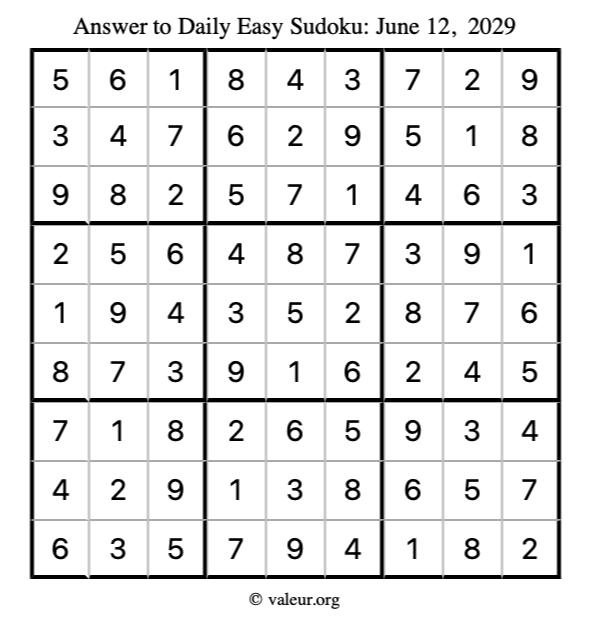 Answer to easy sudoku June 12, 2029