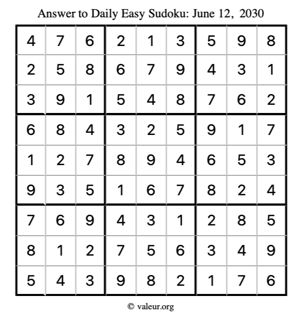 Answer to easy sudoku June 12, 2030