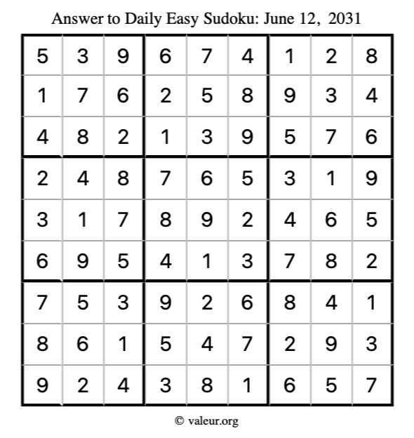 Answer to easy sudoku June 12, 2031