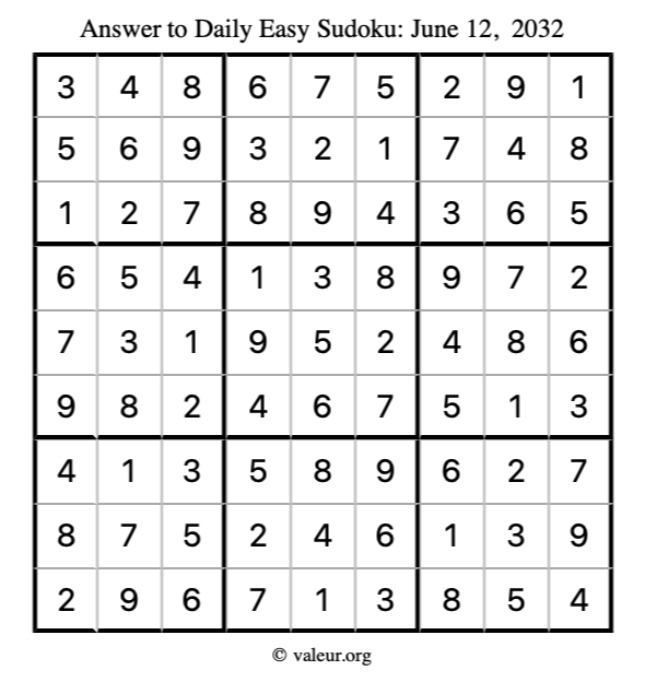 Answer to easy sudoku June 12, 2032