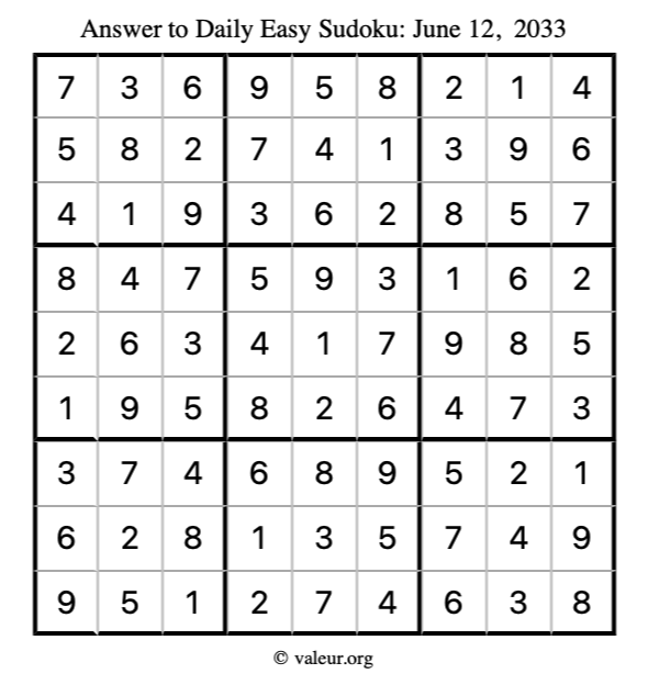 Answer to easy sudoku June 12, 2033
