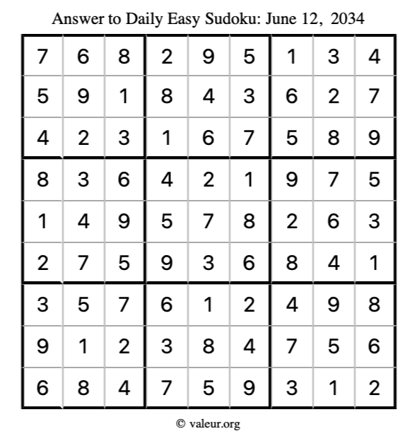 Answer to easy sudoku June 12, 2034
