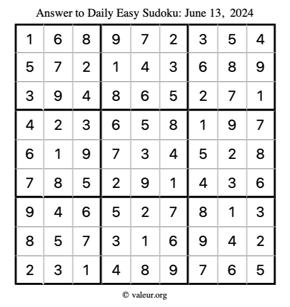 Answer to easy sudoku June 13, 2024