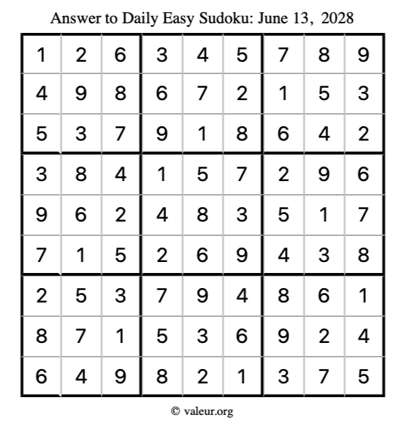 Answer to easy sudoku June 13, 2028