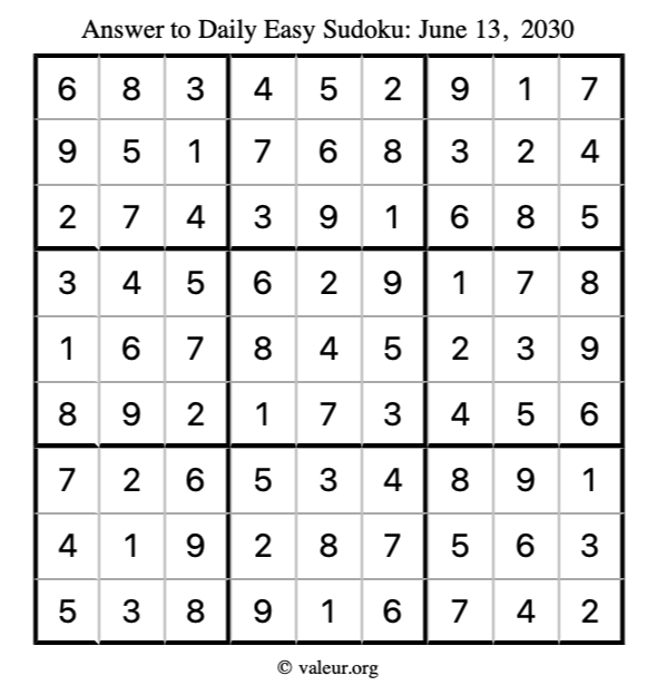 Answer to easy sudoku June 13, 2030