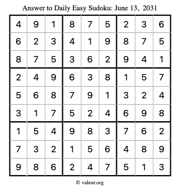 Answer to easy sudoku June 13, 2031