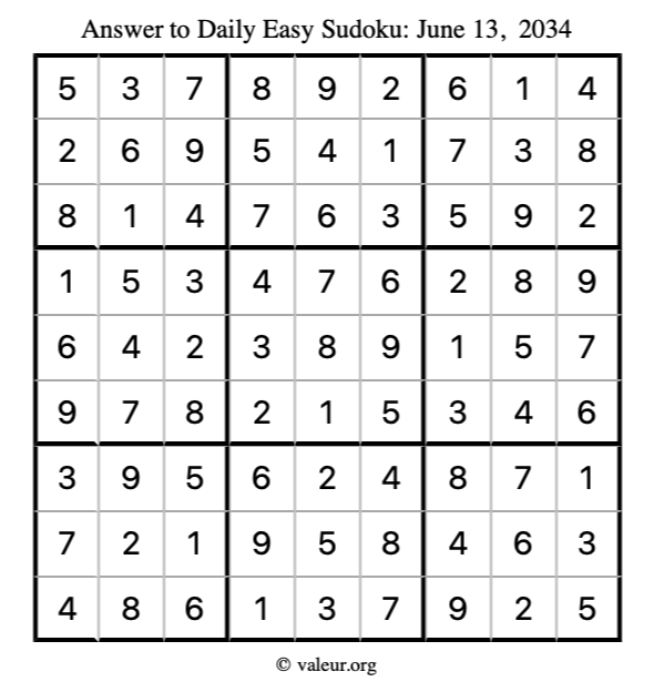 Answer to easy sudoku June 13, 2034
