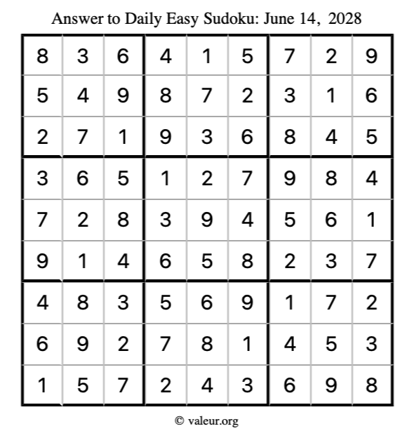 Answer to easy sudoku June 14, 2028