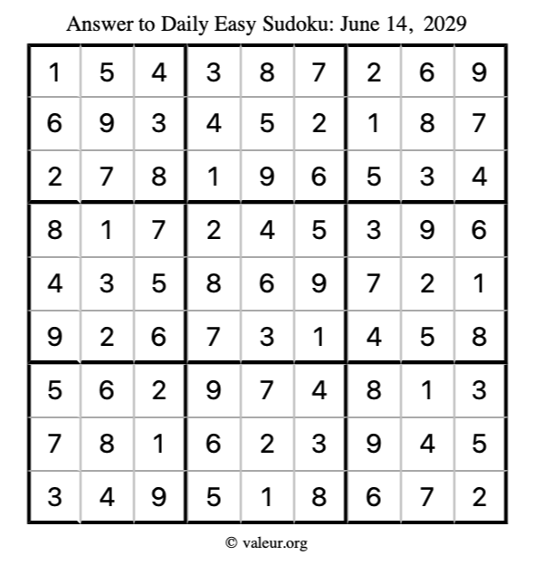 Answer to easy sudoku June 14, 2029