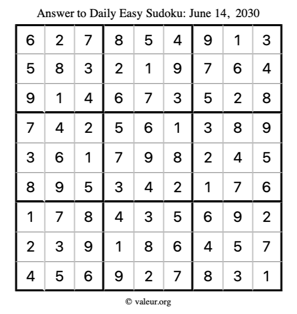 Answer to easy sudoku June 14, 2030