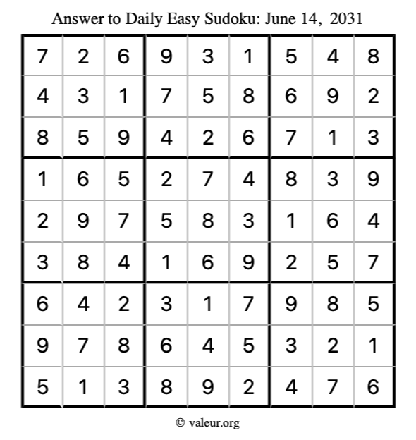 Answer to easy sudoku June 14, 2031