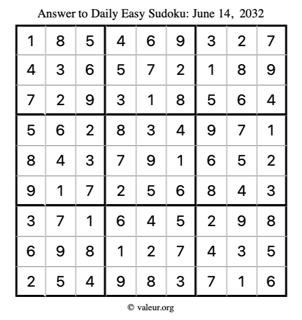 Answer to easy sudoku June 14, 2032