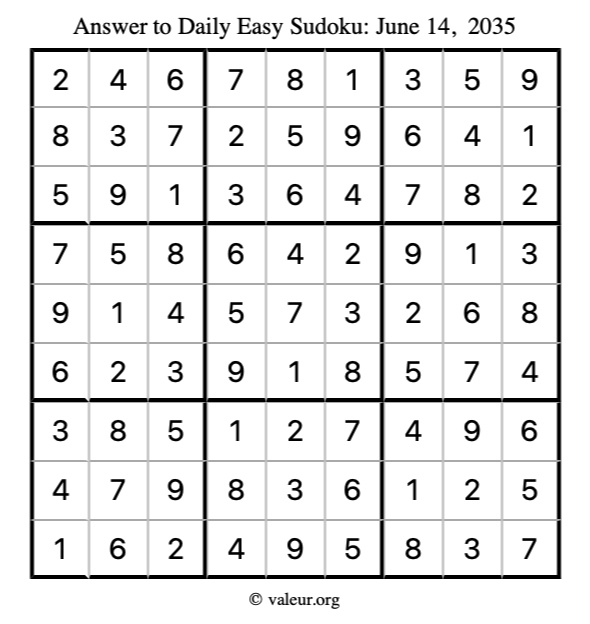 Answer to easy sudoku June 14, 2035