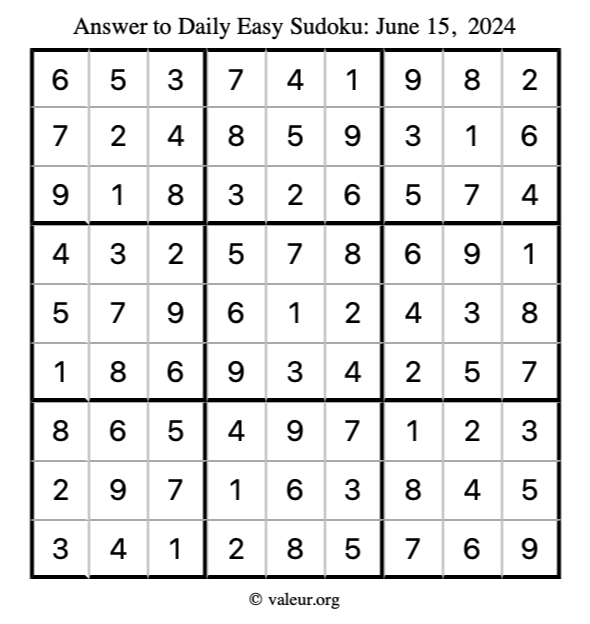 Answer to easy sudoku June 15, 2024