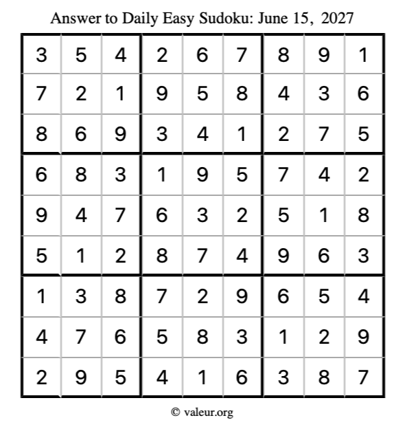 Answer to easy sudoku June 15, 2027