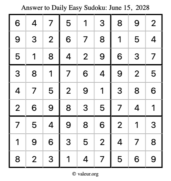 Answer to easy sudoku June 15, 2028