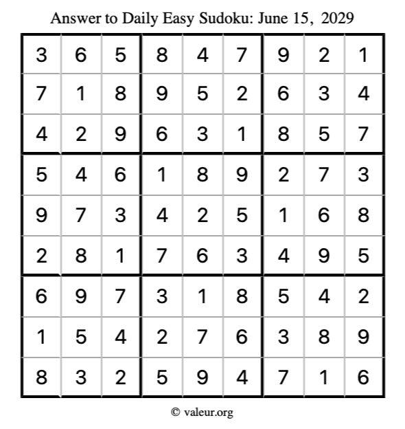 Answer to easy sudoku June 15, 2029