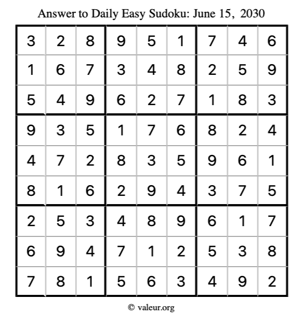 Answer to easy sudoku June 15, 2030