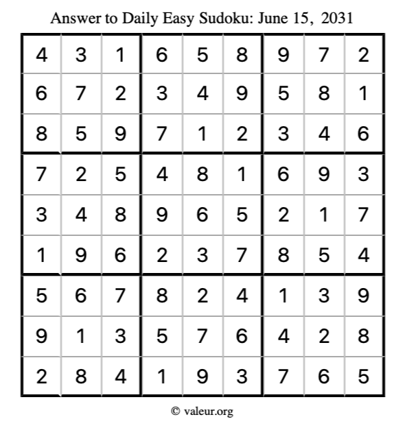 Answer to easy sudoku June 15, 2031