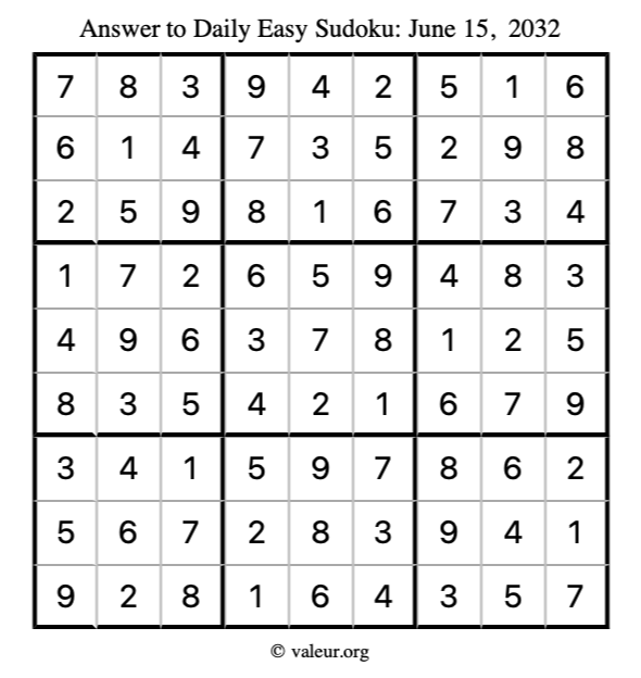 Answer to easy sudoku June 15, 2032