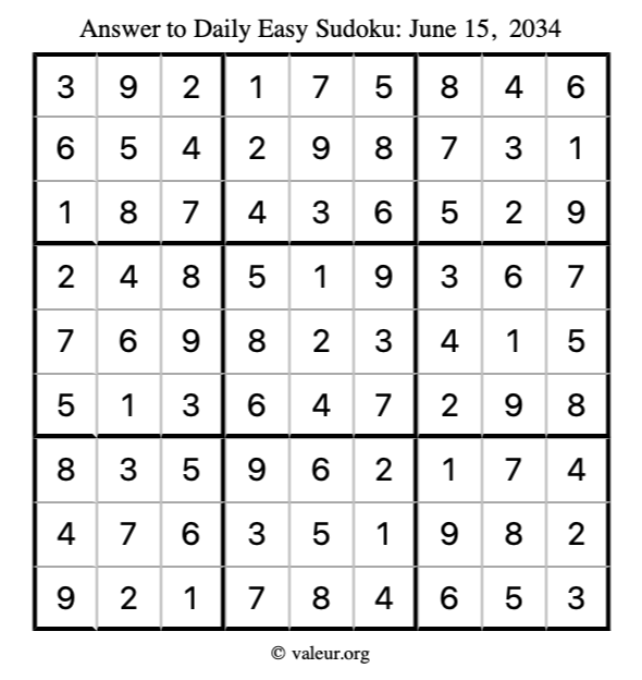 Answer to easy sudoku June 15, 2034