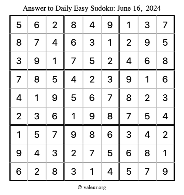 Answer to easy sudoku June 16, 2024