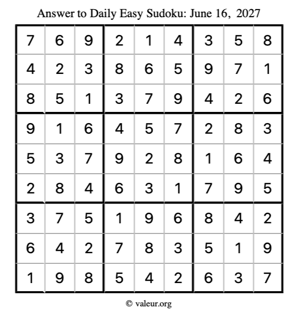 Answer to easy sudoku June 16, 2027