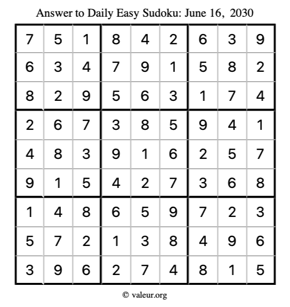 Answer to easy sudoku June 16, 2030