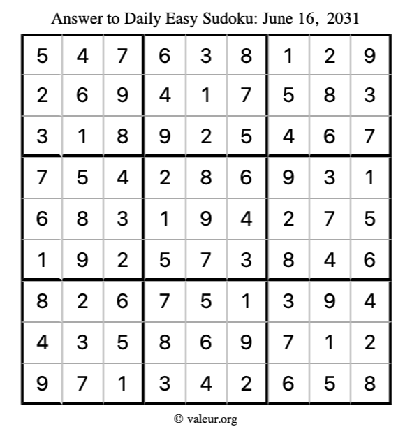 Answer to easy sudoku June 16, 2031