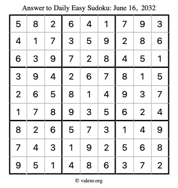 Answer to easy sudoku June 16, 2032