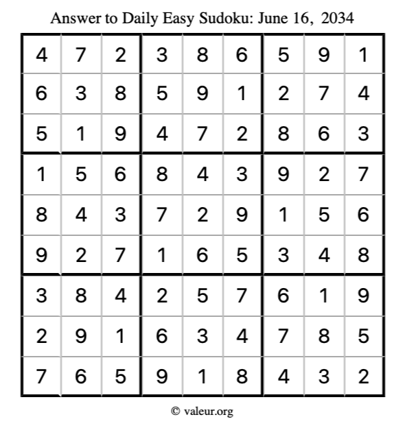 Answer to easy sudoku June 16, 2034