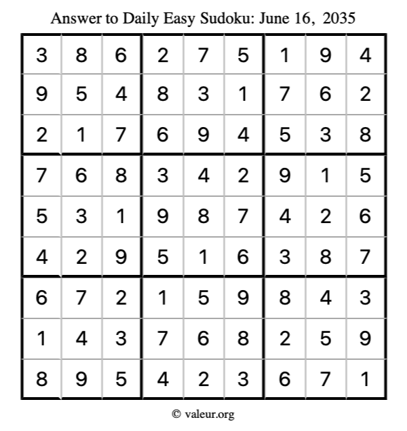 Answer to easy sudoku June 16, 2035
