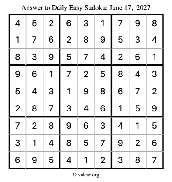 Answer to easy sudoku June 17, 2027