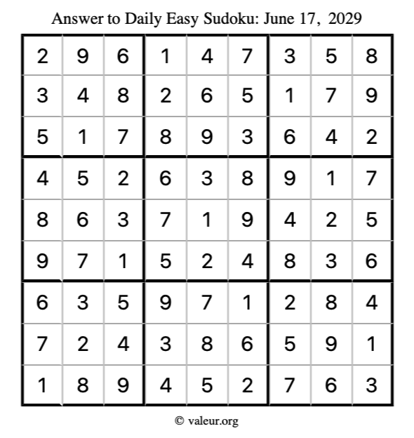 Answer to easy sudoku June 17, 2029