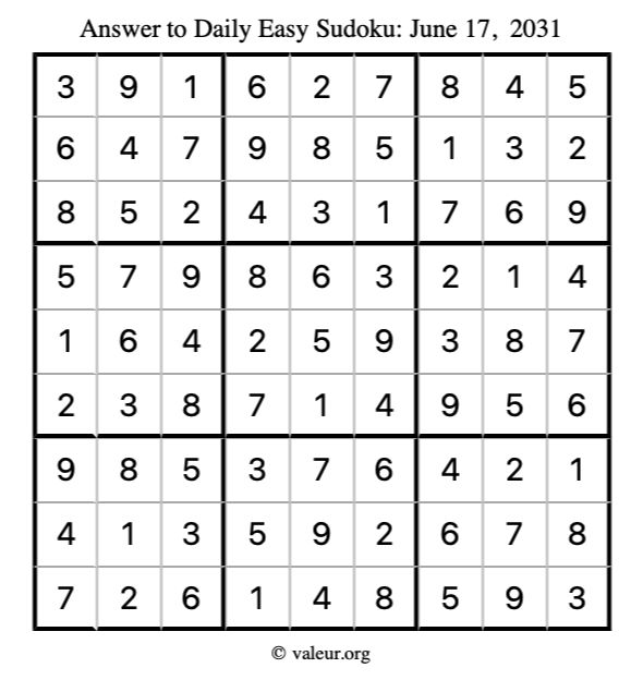Answer to easy sudoku June 17, 2031
