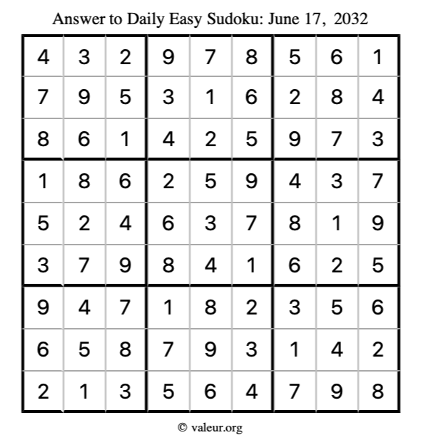 Answer to easy sudoku June 17, 2032
