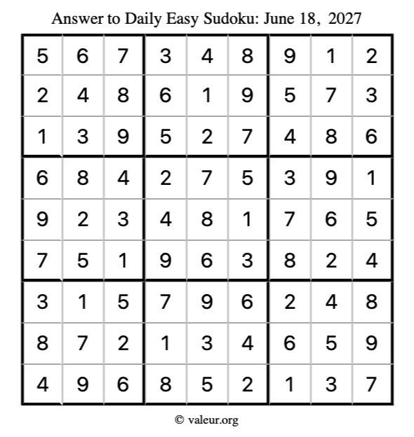 Answer to easy sudoku June 18, 2027