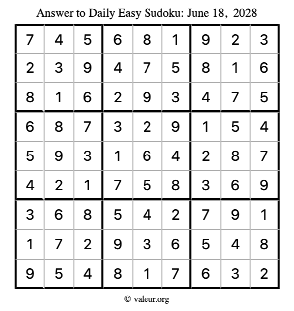 Answer to easy sudoku June 18, 2028