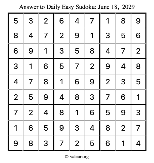 Answer to easy sudoku June 18, 2029