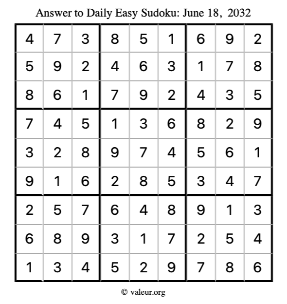 Answer to easy sudoku June 18, 2032