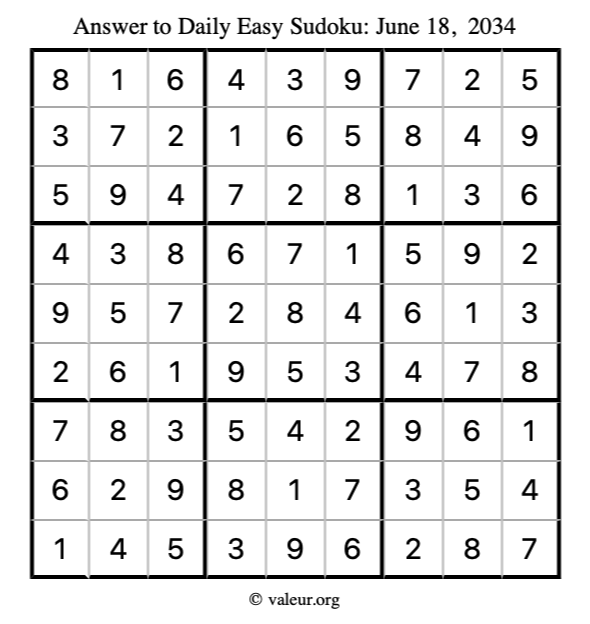 Answer to easy sudoku June 18, 2034