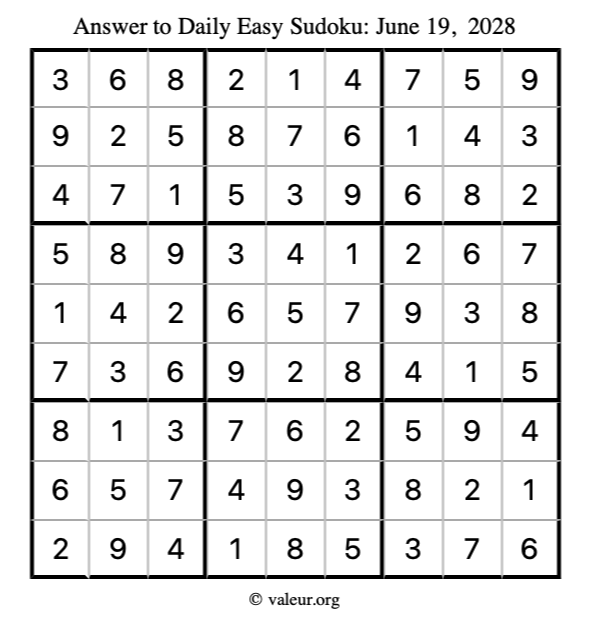Answer to easy sudoku June 19, 2028